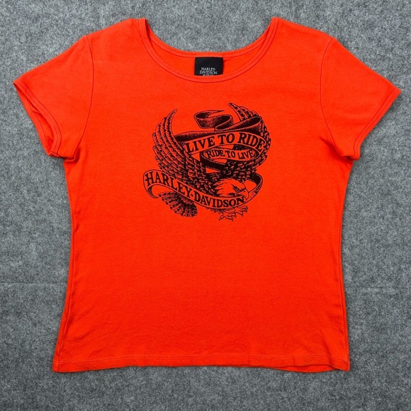 Harley Davidson Shirt Women Medium Orange Short Sleeve Motorcycle Museum Tee Y2K - Picture 2 of 12